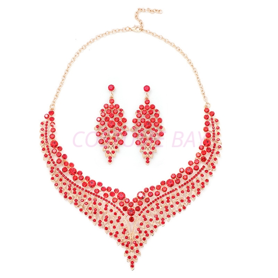 Picture of 3pcs/set Jewelry Set Red Rhinestone Necklace Earrings