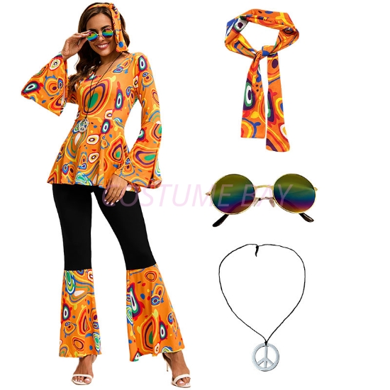 Picture of Women's 70s Hippie Costume Orange Retro Festival Outfit