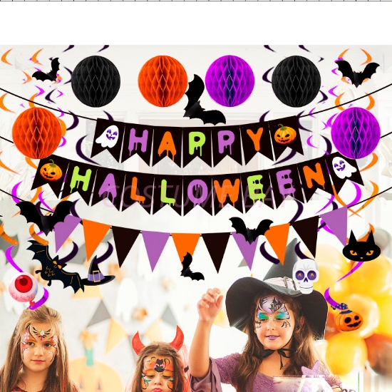 Picture of Spooky Halloween Party Banner Set – Bats, Swirls & Hanging Décor
