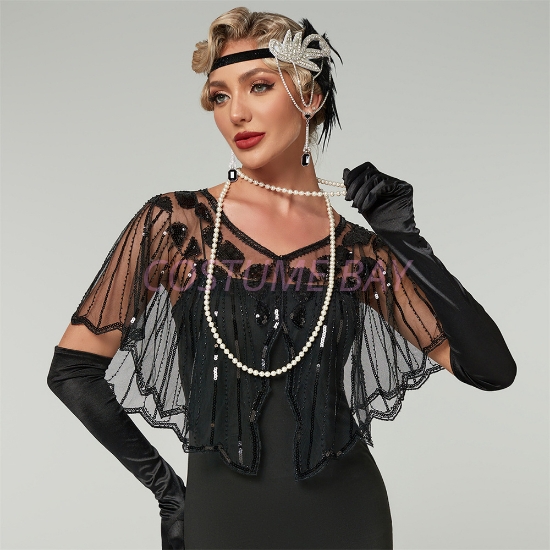 Picture of 1920s Womens Vintage Boutique Beaded Sequin Flapper Cape - Black