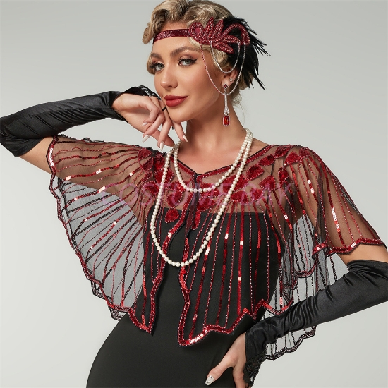 Picture of 1920s Womens Vintage Boutique Beaded Sequin Flapper Cape - Red