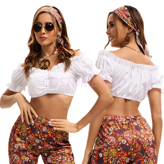 Picture of White Retro Top - 70s Short Sleeve Vintage Blouse